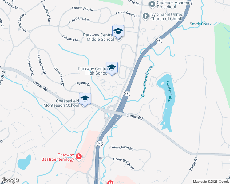 map of restaurants, bars, coffee shops, grocery stores, and more near 347 North Woods Mill Road in Chesterfield