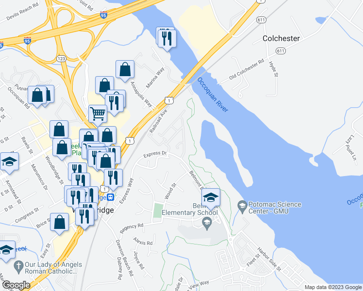 map of restaurants, bars, coffee shops, grocery stores, and more near 13386 Potomac Path Drive in Woodbridge