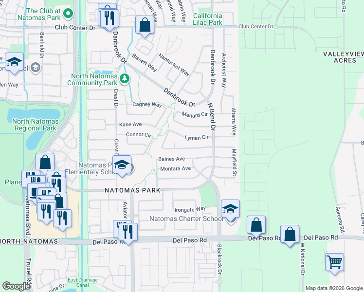 map of restaurants, bars, coffee shops, grocery stores, and more near 210 Lyman Circle in Sacramento