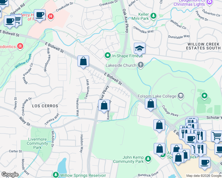 map of restaurants, bars, coffee shops, grocery stores, and more near 644 Fundenhall Court in Folsom