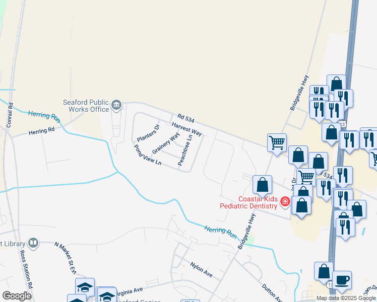 map of restaurants, bars, coffee shops, grocery stores, and more near 515 Peachtree Lane in Seaford