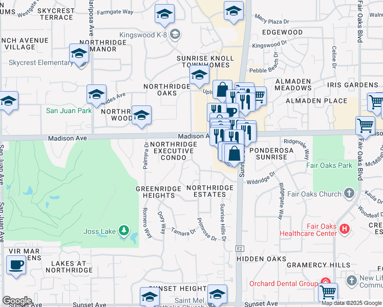 map of restaurants, bars, coffee shops, grocery stores, and more near 5268 Lake Knoll Lane in Fair Oaks