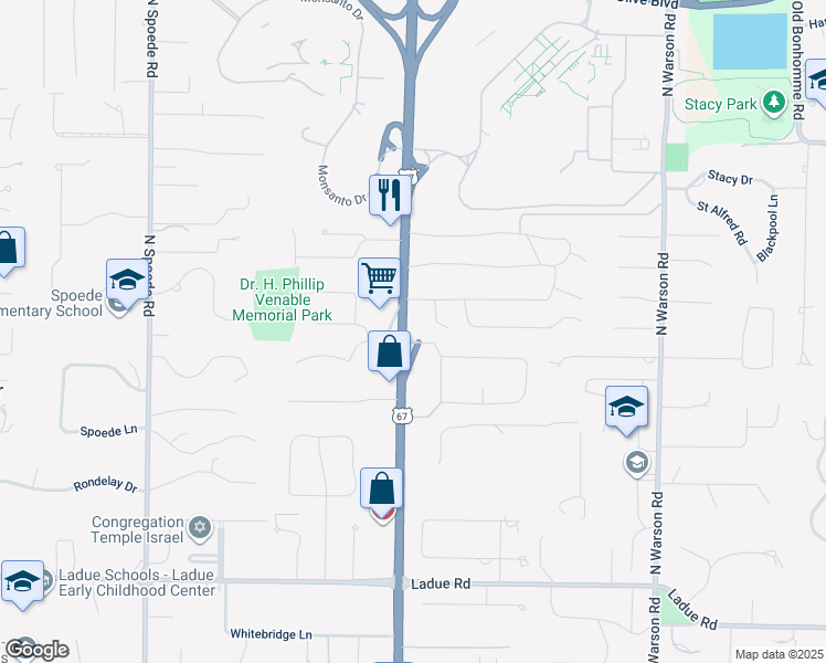 map of restaurants, bars, coffee shops, grocery stores, and more near 400 U.S. 67 in Creve Coeur