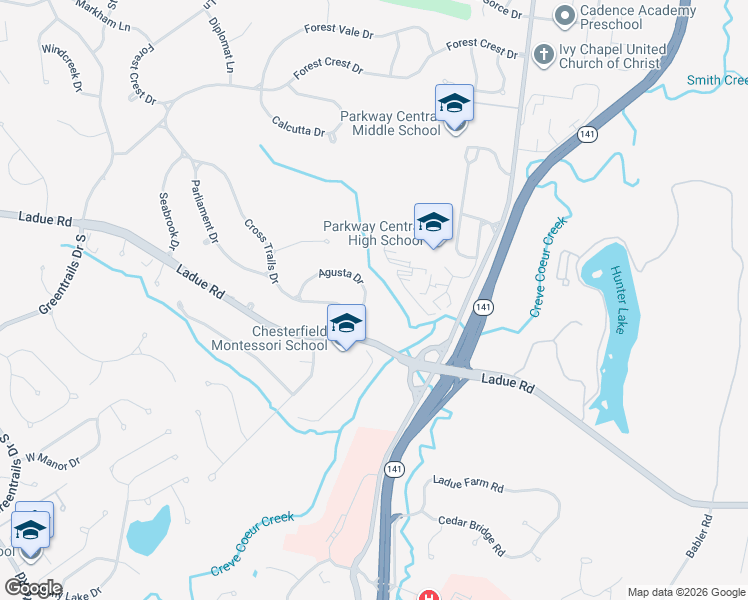 map of restaurants, bars, coffee shops, grocery stores, and more near 14017 Agusta Drive in Chesterfield