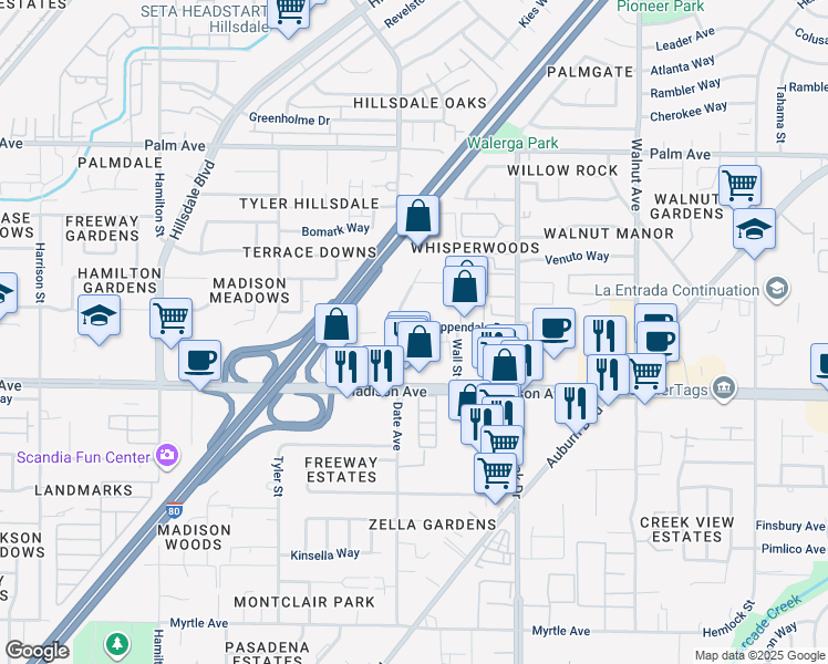 map of restaurants, bars, coffee shops, grocery stores, and more near 5250 Date Avenue in Sacramento