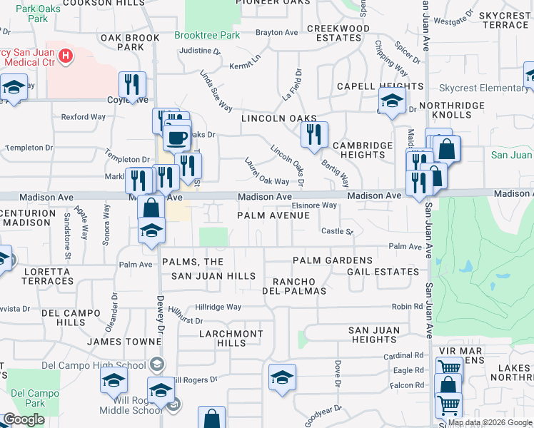 map of restaurants, bars, coffee shops, grocery stores, and more near 5437 Elsinore Way in Fair Oaks