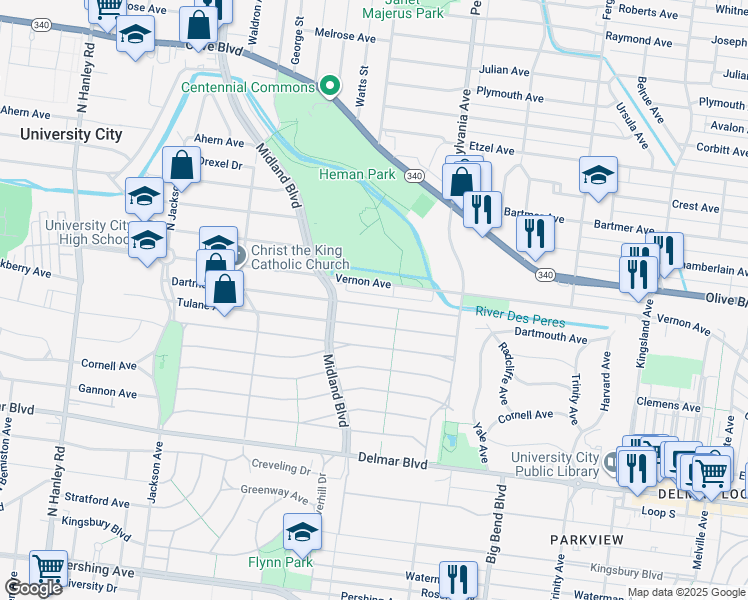 map of restaurants, bars, coffee shops, grocery stores, and more near 7120 Dartmouth Avenue in University City