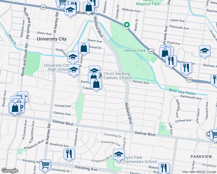 map of restaurants, bars, coffee shops, grocery stores, and more near 7255 Tulane Avenue in University City