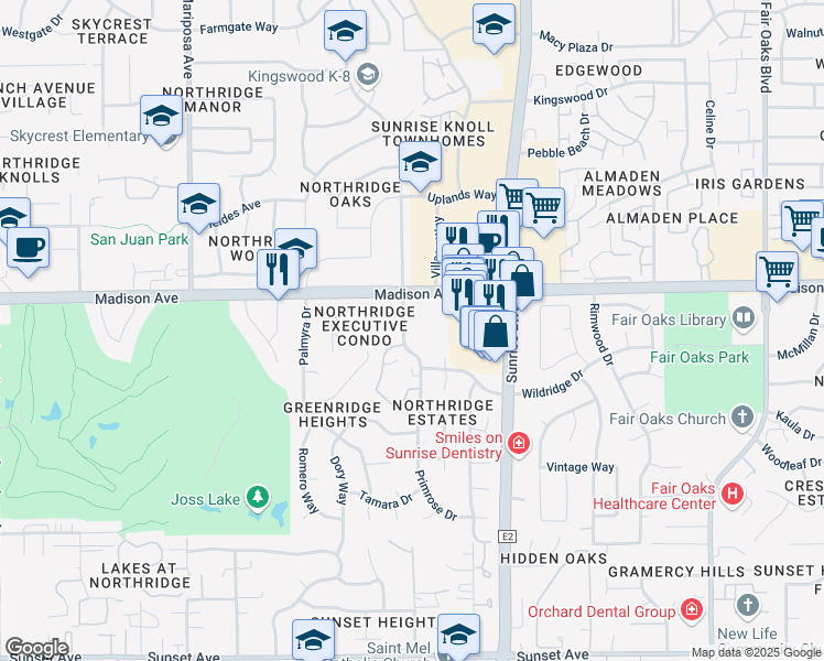 map of restaurants, bars, coffee shops, grocery stores, and more near 5268 Lake Knoll Lane in Fair Oaks