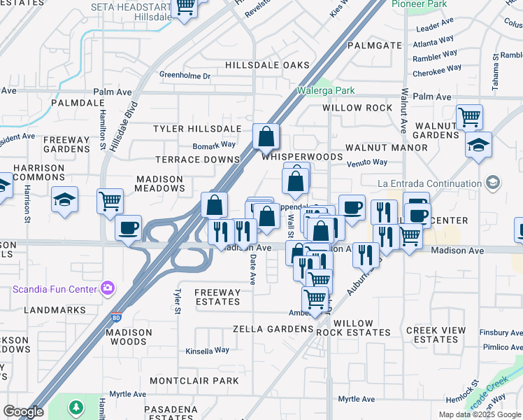 map of restaurants, bars, coffee shops, grocery stores, and more near 5250 Date Avenue in Sacramento