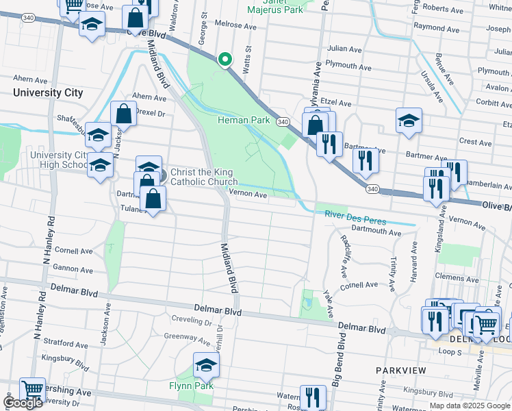 map of restaurants, bars, coffee shops, grocery stores, and more near 7120 Dartmouth Avenue in University City