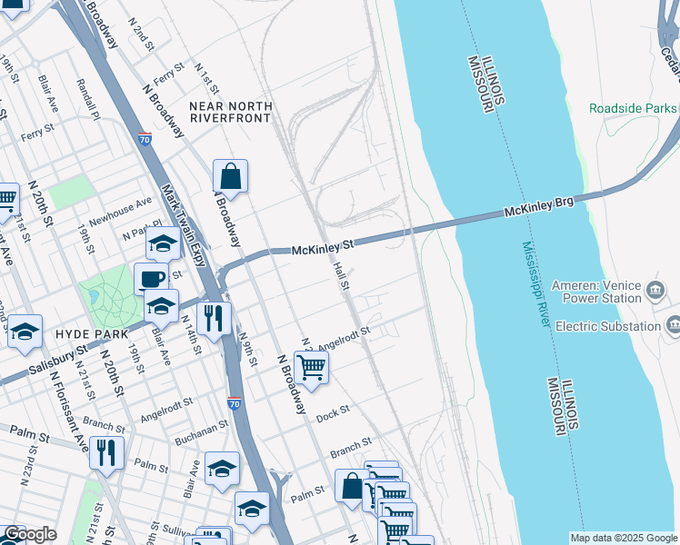 map of restaurants, bars, coffee shops, grocery stores, and more near Hall Street in St. Louis