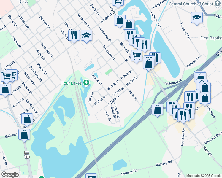map of restaurants, bars, coffee shops, grocery stores, and more near 20 South 20th Street in Vincennes