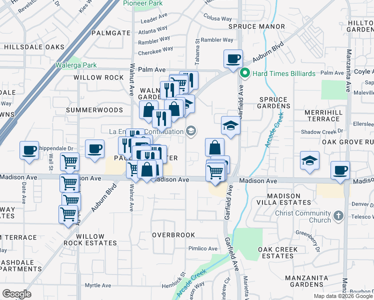 map of restaurants, bars, coffee shops, grocery stores, and more near 5316 Hemlock Street in Sacramento