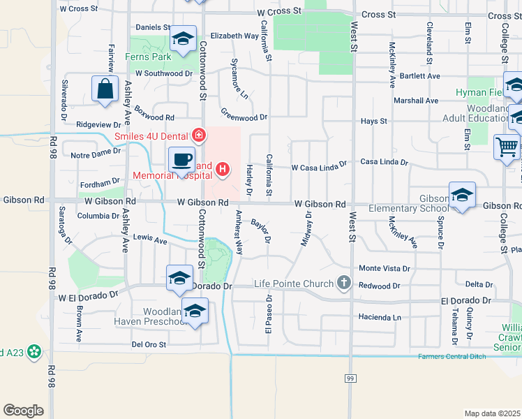 map of restaurants, bars, coffee shops, grocery stores, and more near 405 West Gibson Road in Woodland