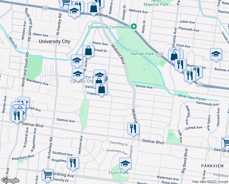 map of restaurants, bars, coffee shops, grocery stores, and more near 7255 Tulane Avenue in University City