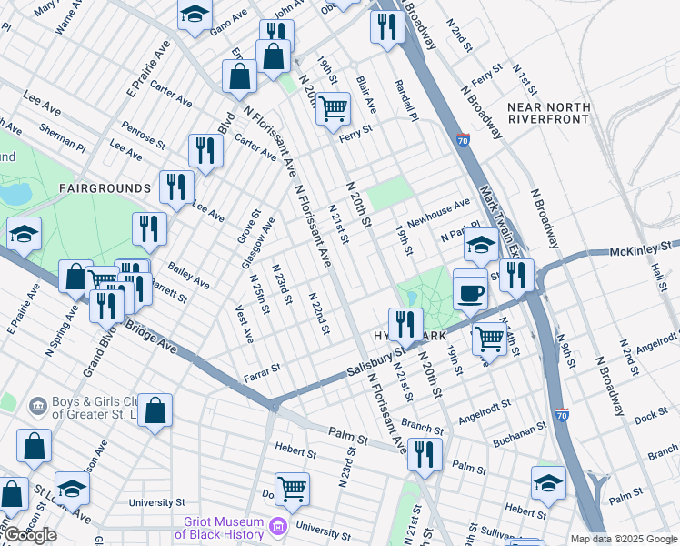 map of restaurants, bars, coffee shops, grocery stores, and more near 2146 Newhouse Avenue in St. Louis