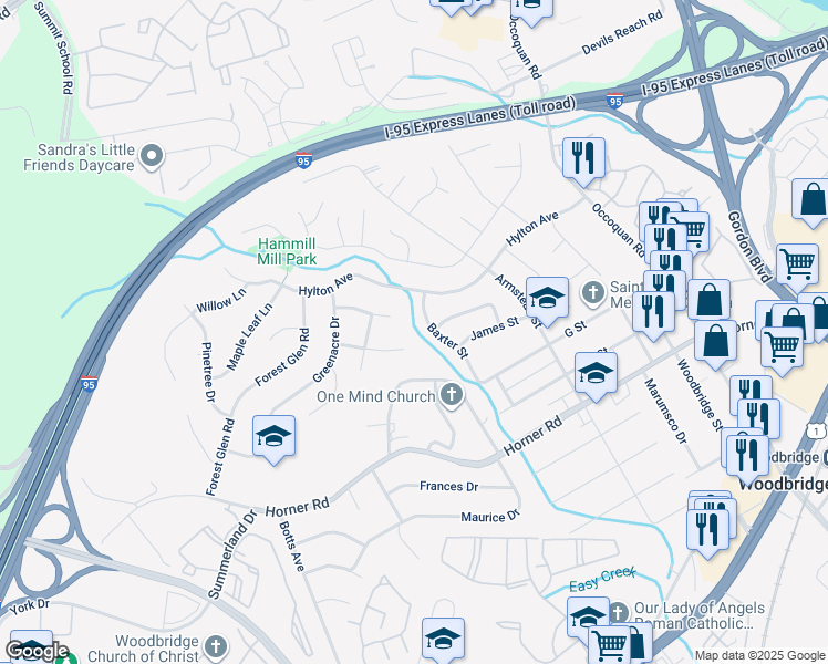 map of restaurants, bars, coffee shops, grocery stores, and more near 1633 Hylton Avenue in Woodbridge