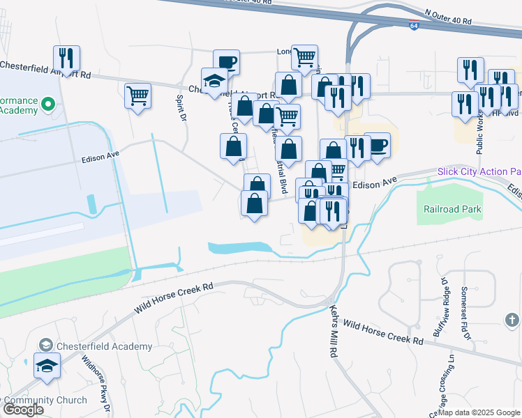 map of restaurants, bars, coffee shops, grocery stores, and more near 17724 Edison Avenue in Chesterfield