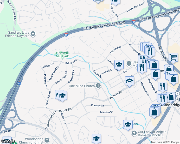 map of restaurants, bars, coffee shops, grocery stores, and more near 1633 Hylton Avenue in Woodbridge