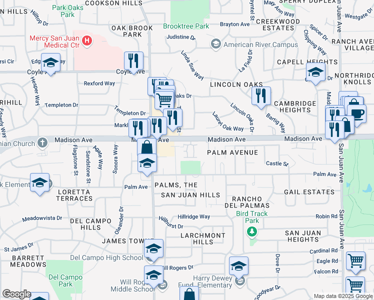 map of restaurants, bars, coffee shops, grocery stores, and more near Sablewood Lane in Fair Oaks