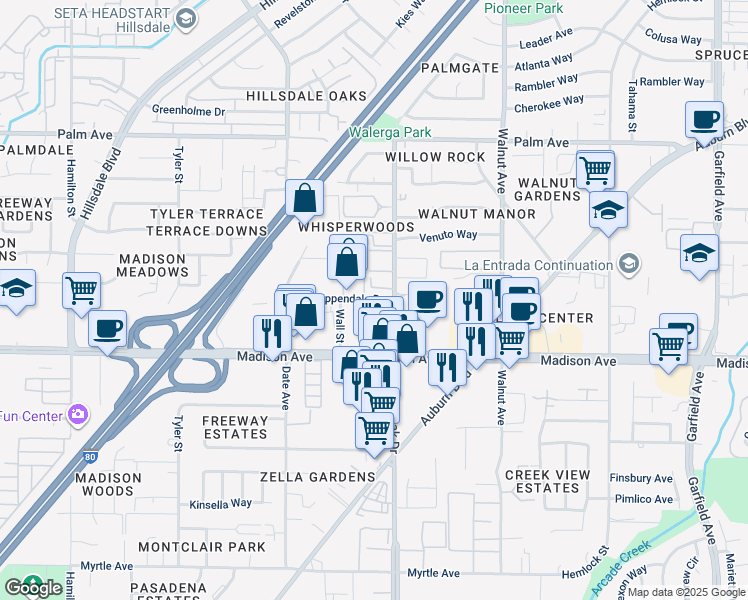map of restaurants, bars, coffee shops, grocery stores, and more near 5249 College Oak Drive in Sacramento