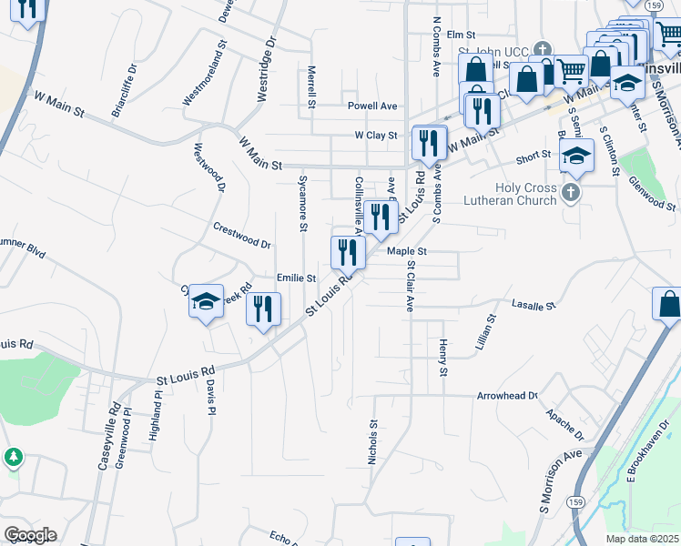 map of restaurants, bars, coffee shops, grocery stores, and more near 511 Saint Louis Road in Collinsville