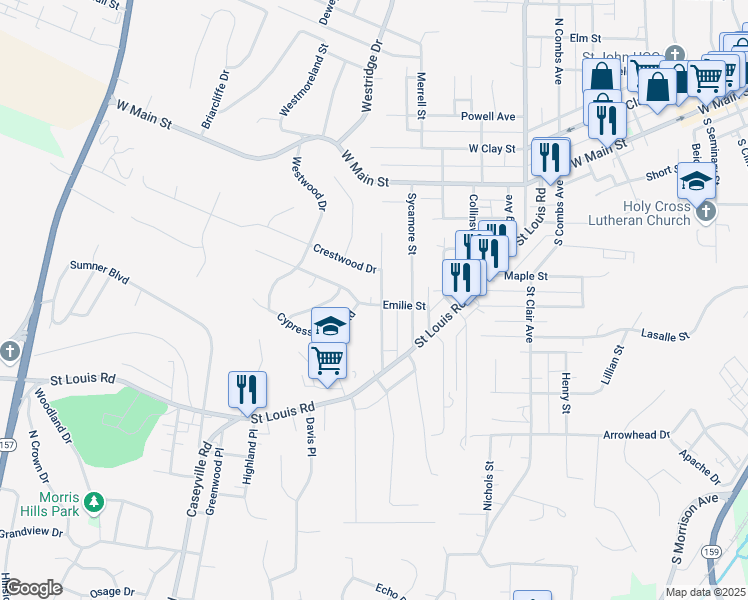 map of restaurants, bars, coffee shops, grocery stores, and more near 200 Emilie Street in Collinsville