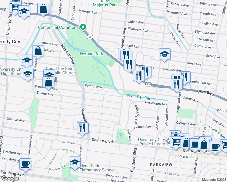 map of restaurants, bars, coffee shops, grocery stores, and more near 7015 Dartmouth Avenue in University City
