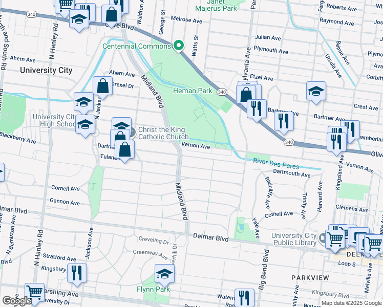 map of restaurants, bars, coffee shops, grocery stores, and more near 912 Midland Boulevard in University City