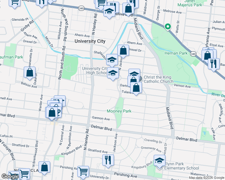 map of restaurants, bars, coffee shops, grocery stores, and more near 7439 Amherst Avenue in University City