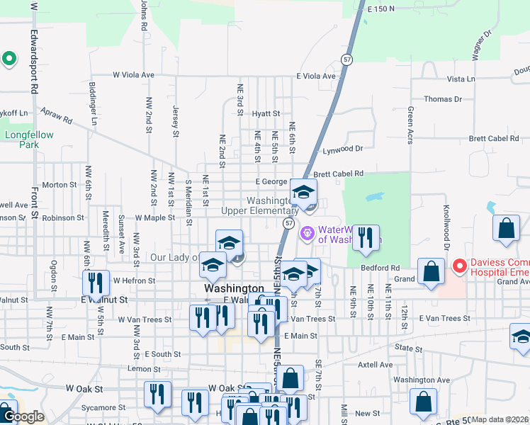 map of restaurants, bars, coffee shops, grocery stores, and more near 402 East Maple Street in Washington