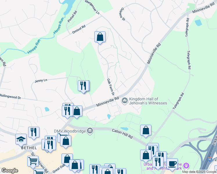 map of restaurants, bars, coffee shops, grocery stores, and more near 13218 Oak Farm Drive in Woodbridge