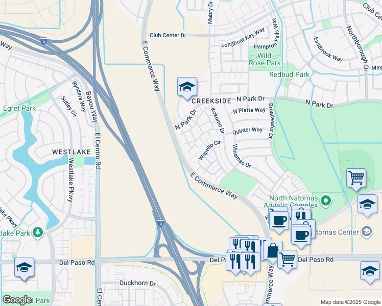 map of restaurants, bars, coffee shops, grocery stores, and more near 360 Wapello Circle in Sacramento