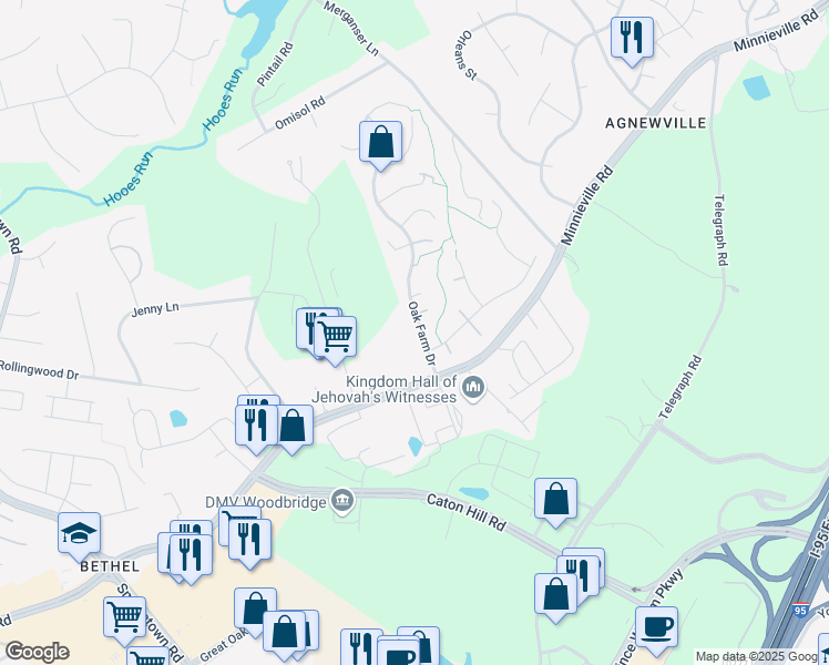 map of restaurants, bars, coffee shops, grocery stores, and more near 13218 Oak Farm Drive in Woodbridge