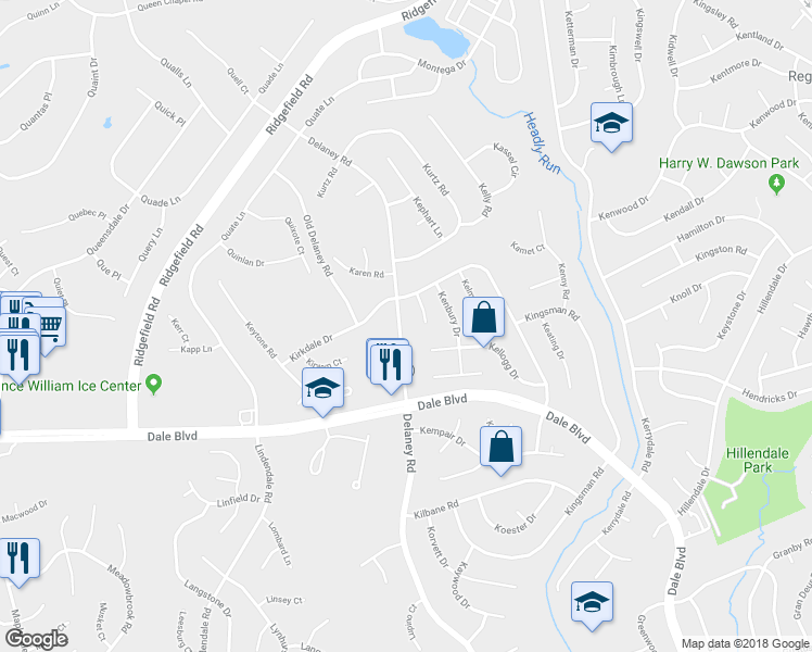 map of restaurants, bars, coffee shops, grocery stores, and more near 13407 Delaney Road in Woodbridge