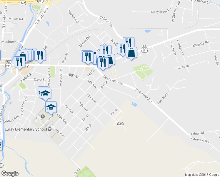 map of restaurants, bars, coffee shops, grocery stores, and more near 10 Oakcrest Drive in Luray