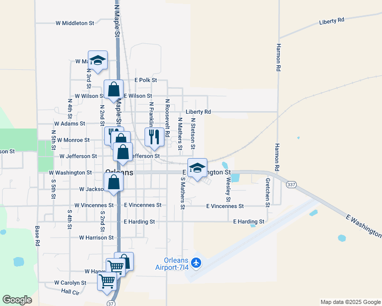 map of restaurants, bars, coffee shops, grocery stores, and more near 570 East Jefferson Street in Orleans