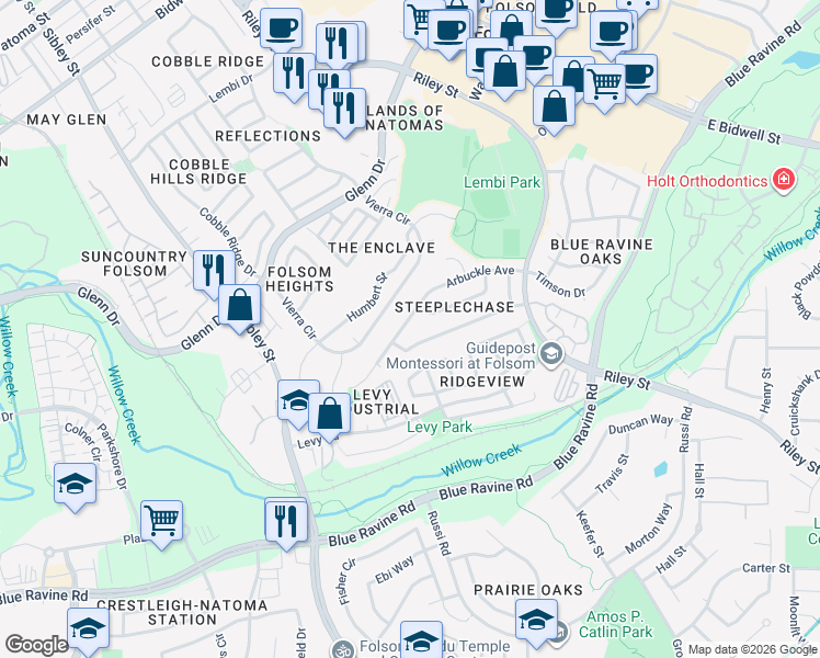 map of restaurants, bars, coffee shops, grocery stores, and more near 144 Casselman Street in Folsom