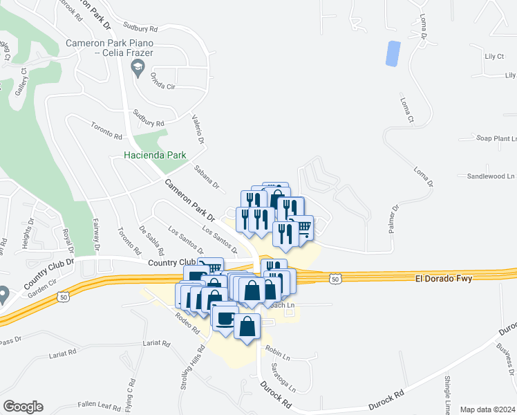 map of restaurants, bars, coffee shops, grocery stores, and more near 3433 Palmer Drive in Cameron Park