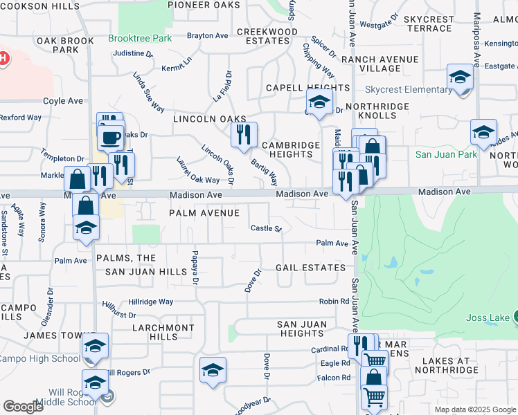 map of restaurants, bars, coffee shops, grocery stores, and more near 5338 Elsinore Way in Fair Oaks