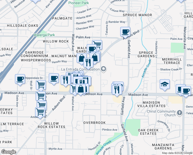 map of restaurants, bars, coffee shops, grocery stores, and more near 5152 Auburn Boulevard in Sacramento