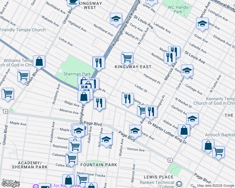 map of restaurants, bars, coffee shops, grocery stores, and more near 4836 Cote Brilliante Avenue in St. Louis