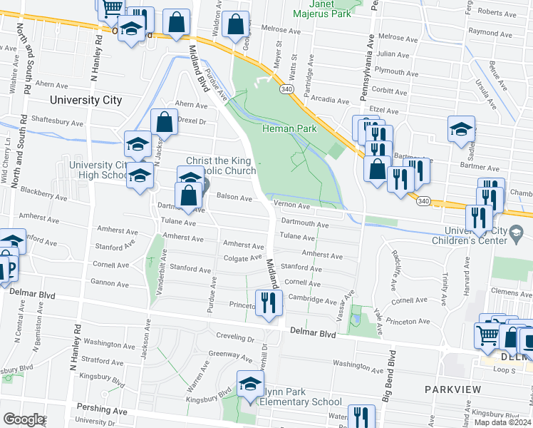 map of restaurants, bars, coffee shops, grocery stores, and more near 912 Midland Boulevard in University City