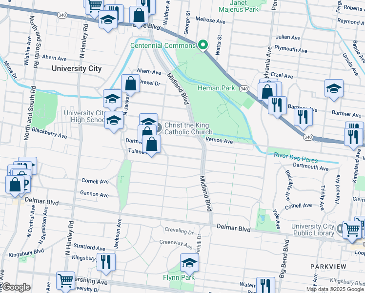 map of restaurants, bars, coffee shops, grocery stores, and more near 7224 Dartmouth Avenue in University City