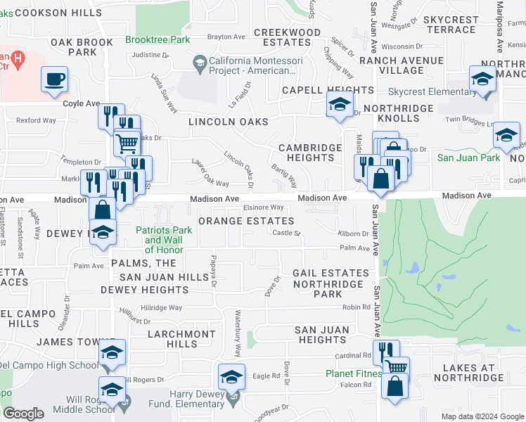 map of restaurants, bars, coffee shops, grocery stores, and more near 5395 Castle Street in Fair Oaks