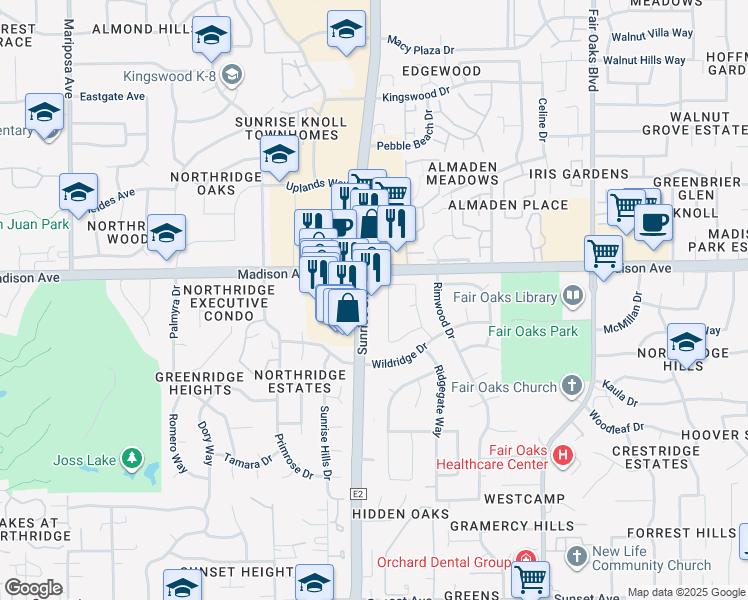 map of restaurants, bars, coffee shops, grocery stores, and more near 5312 Sunrise Boulevard in Fair Oaks