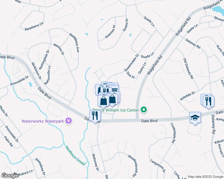 map of restaurants, bars, coffee shops, grocery stores, and more near 5302 Qualey Place in Woodbridge