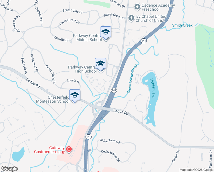 map of restaurants, bars, coffee shops, grocery stores, and more near 347 North Woods Mill Road in Chesterfield