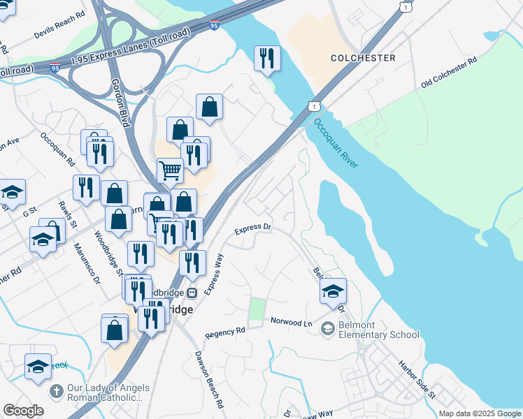map of restaurants, bars, coffee shops, grocery stores, and more near 13394 Dogues Terrace in Woodbridge